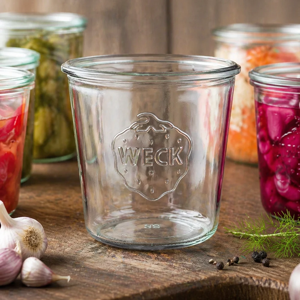 580ml Sturzglas WECK RR100 580ml Sturzglas WECK RR100 leer mit Logo auf Holztisch neben bunten Einmachgläsern mit Gemüse und Knoblauch