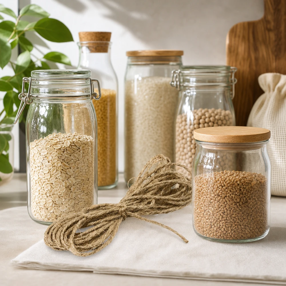 Naturkordel zum Dekorieren 300cm lang Naturkordel Jute 300cm zwischen Vorratsgläsern mit Getreide und Hülsenfrüchten auf Küchenarbeitsplatte dekoriert