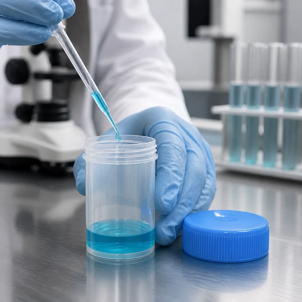 Universal Kunststoffdose (Pathogefäss) 20ml Laborant befüllt 20ml Universal Kunststoffdose Pathogefäß mit blauer Pipette im professionellen Labor
