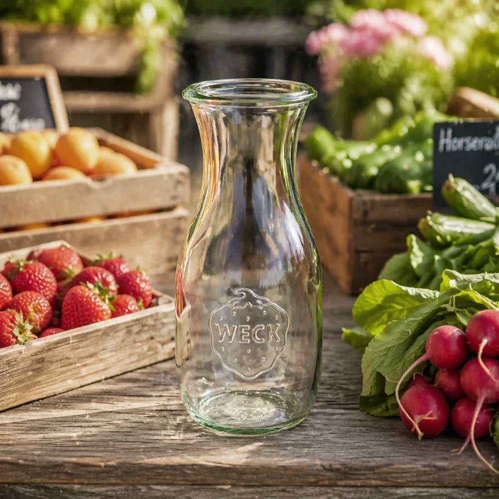 WECK Saftflasche 530ml RR60 auf Holztisch mit frischen Erdbeeren Radieschen und Gemüse in rustikaler Küche