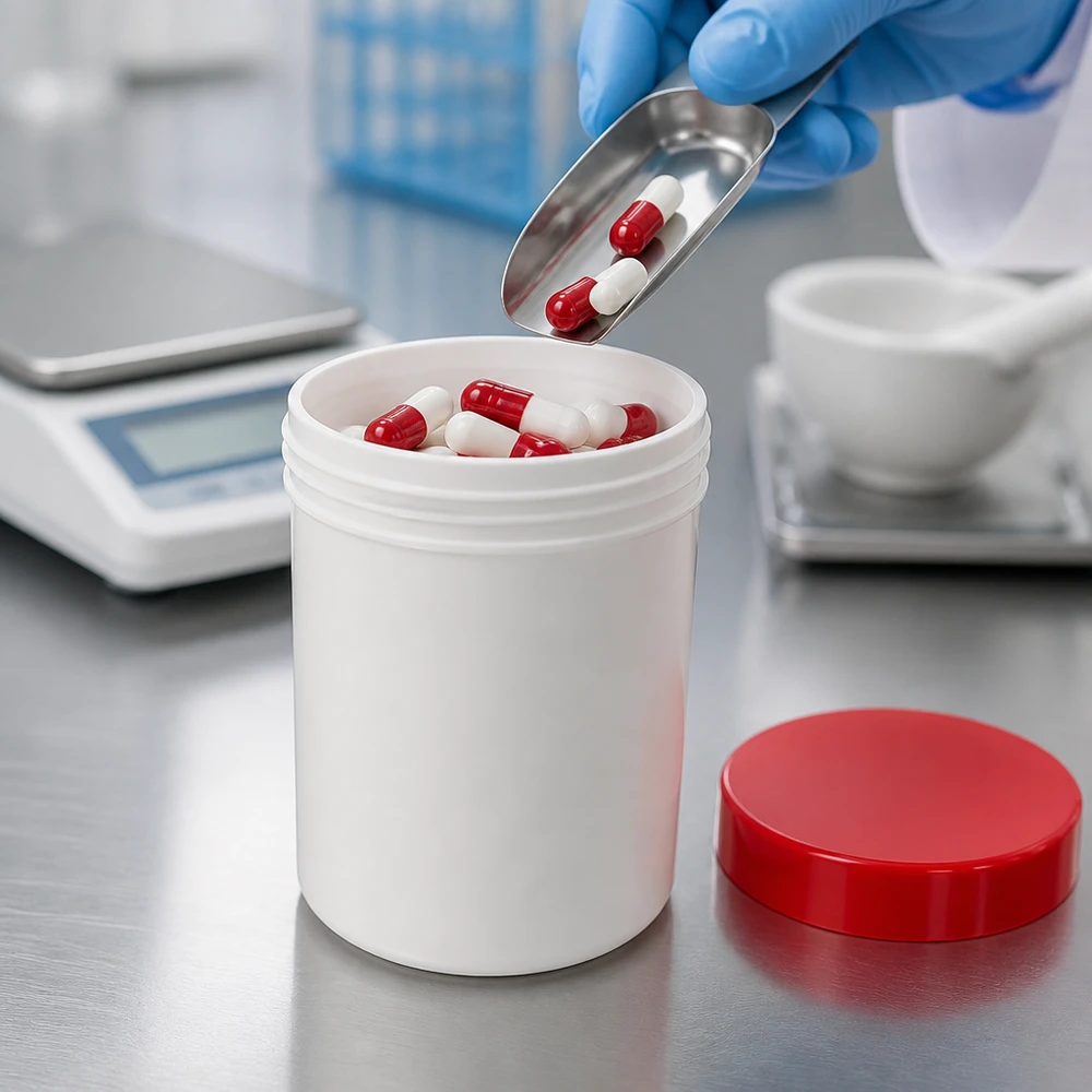 Salbenkruke 300g weiß mit rotem PP-Schraubdeckel für pharmazeutische Abfüllung im Labor