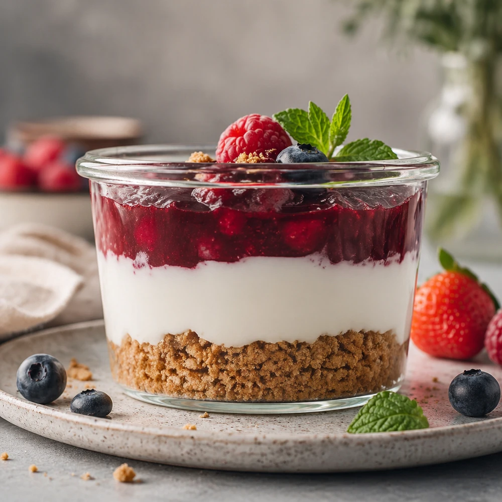 WECK Sturzglas 35ml mit Schichtdessert aus Keksboden weißer Creme und Beerenkompott garniert mit Minze