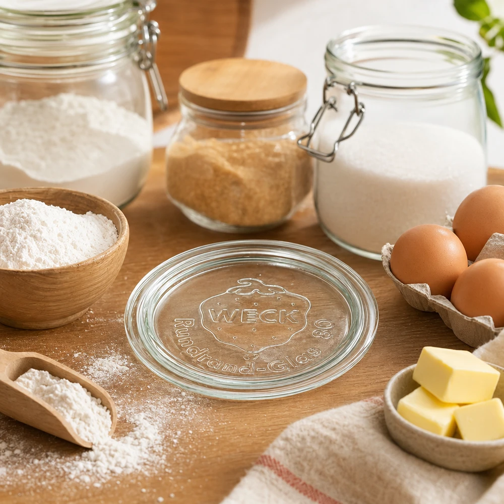 WECK Glasdeckel RR80 WECK Glasdeckel RR80 inmitten von Backzutaten wie Mehl Eiern Butter und Milch in rustikaler Küche auf Holztisch
