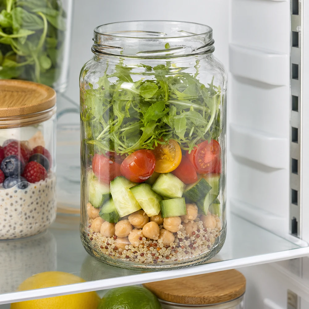 UNiTWIST Runda1700 Sturzglas 1700ml TO100 mit Schichtsalat Quinoa Kichererbsen Gurken Tomaten Rucola im Kühlschrank