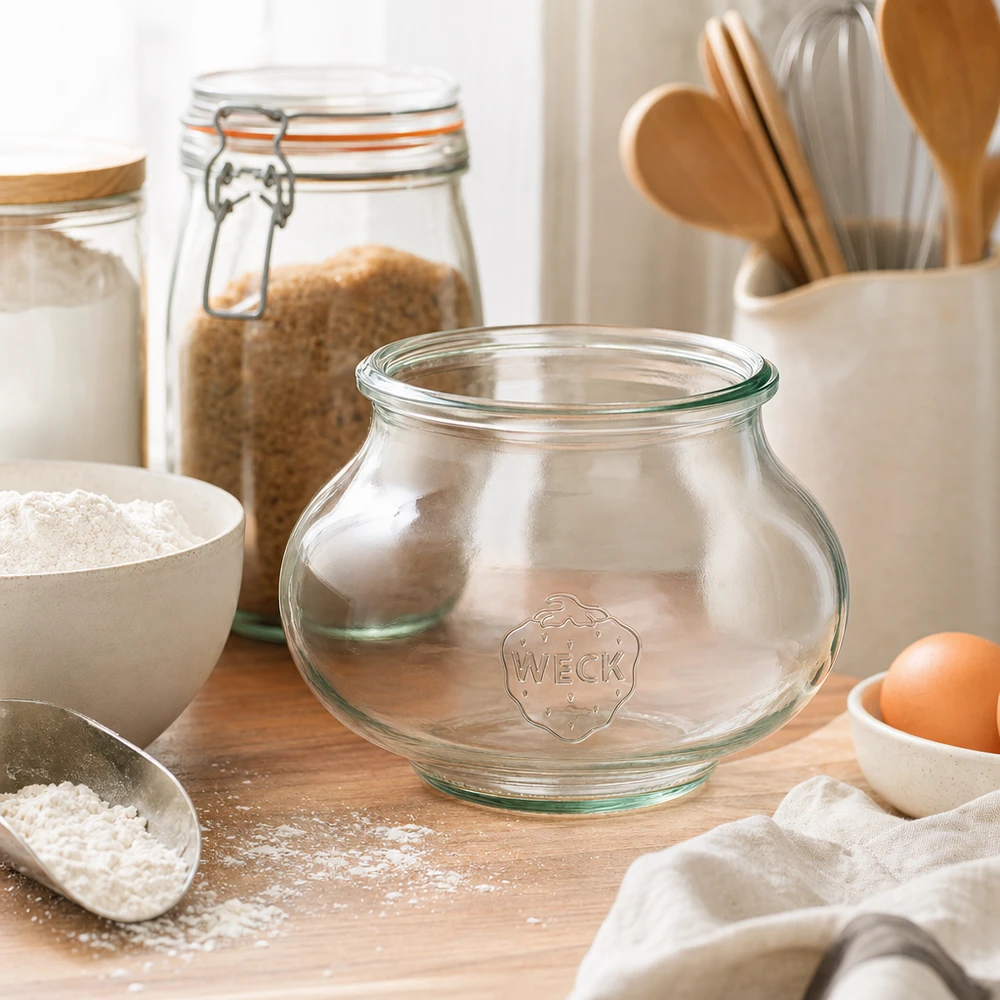 WECK Schmuckglas 560ml RR80 leeres Glas in Küchenszenerie mit Backzutaten Mehl Eiern und Holzutensilien