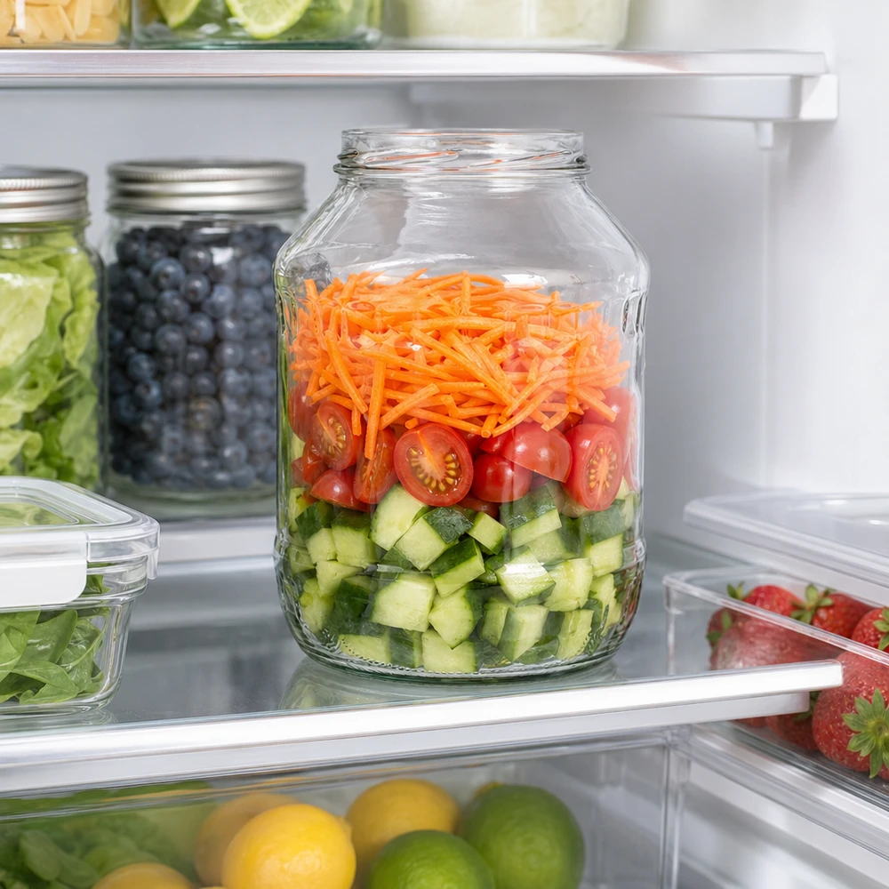 UNiTWIST Runda2650 Sturzglas 2650ml im Kühlschrank mit geschichtetem Salat aus Gurken Tomaten Karotten Meal Prep