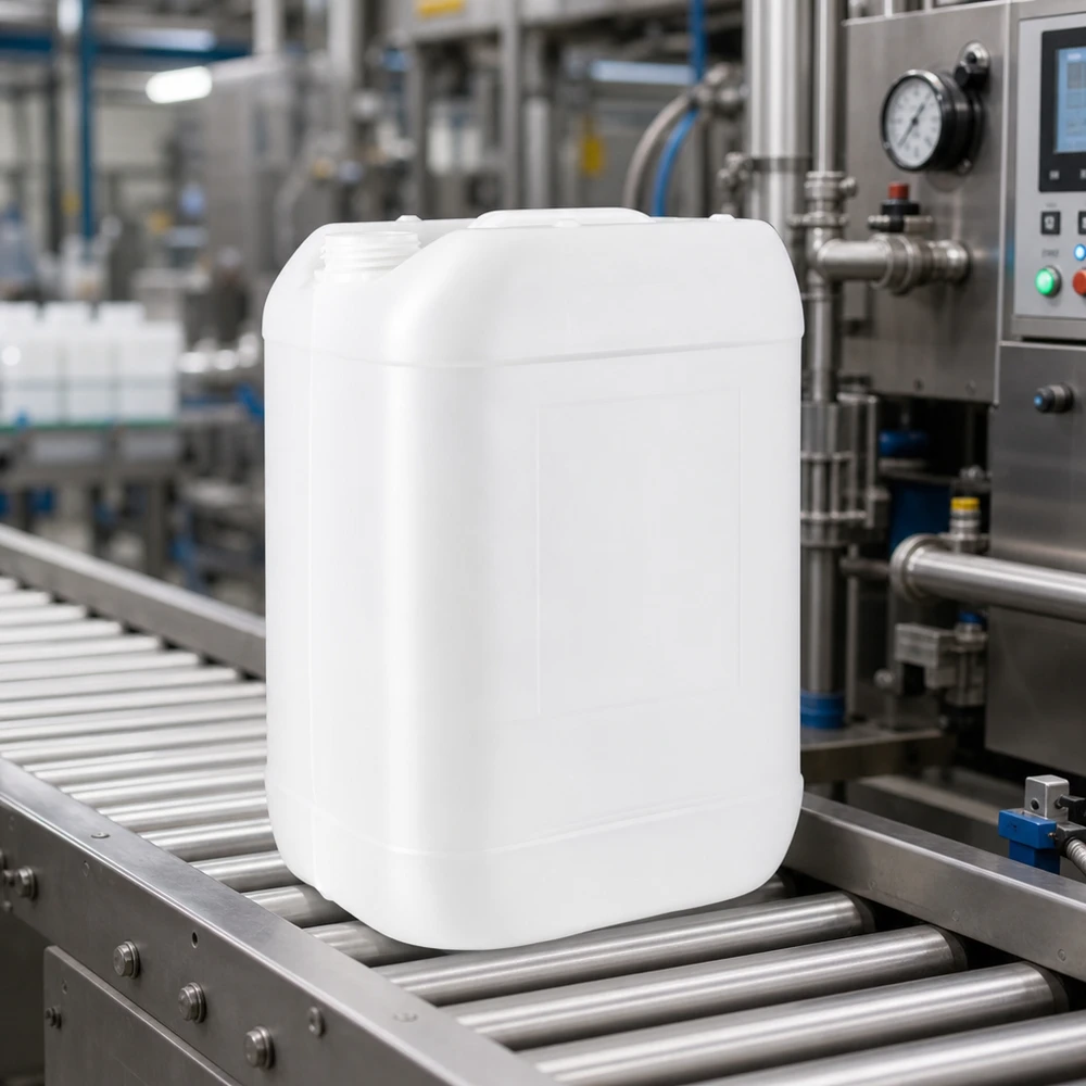 Weißer 25-Liter-Kunststoffkanister ohne Verschluss auf Förderband in Industrieanlage