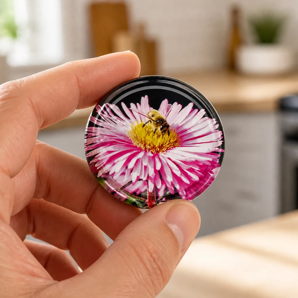 82mm TO82 BasicSeal Twist-Off-Deckel mit Blüten-Motiv Biene auf Aster in Hand gehalten Großhandel
