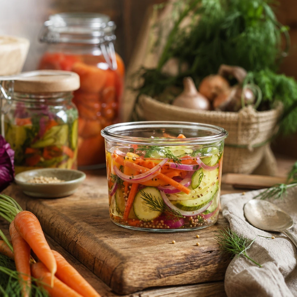 WECK Sturzglas 35ml mit eingelegtem Gemüse auf Holzbrett, Einmachglas für Fermentation und Konservierung