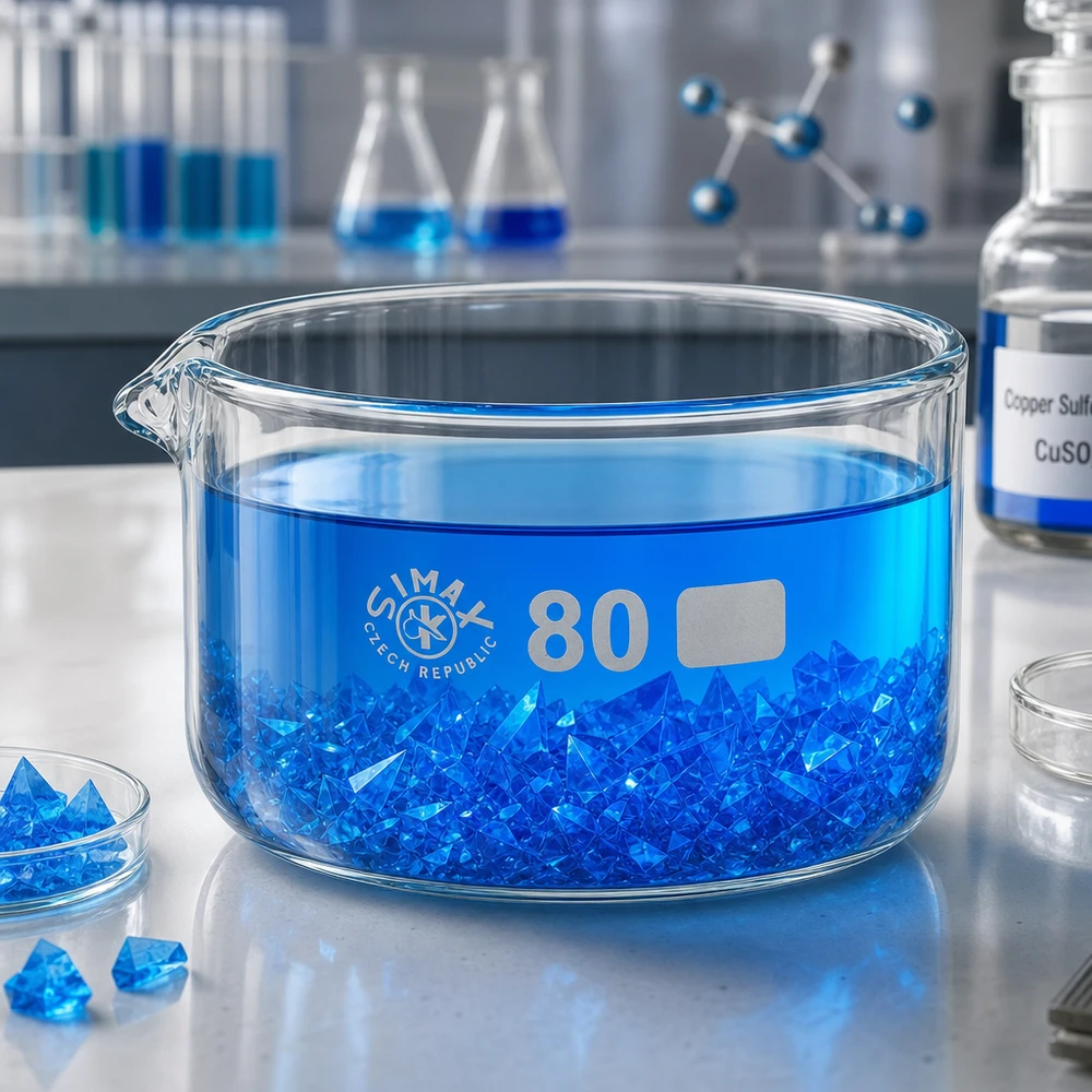Kristallisierschale 150ml Borosilikatglas ø80mm mit Ausguss gefüllt mit Kupfersulfat-Kristallen Labor