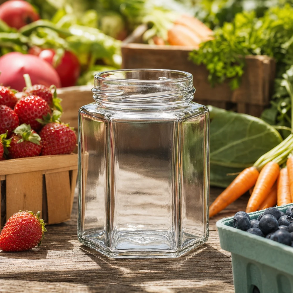 UNiTWIST Hexa196 6-eckiges Einmachglas 196ml TO5 leer auf Holztisch mit frischem Obst und Gemüse im Hintergrund