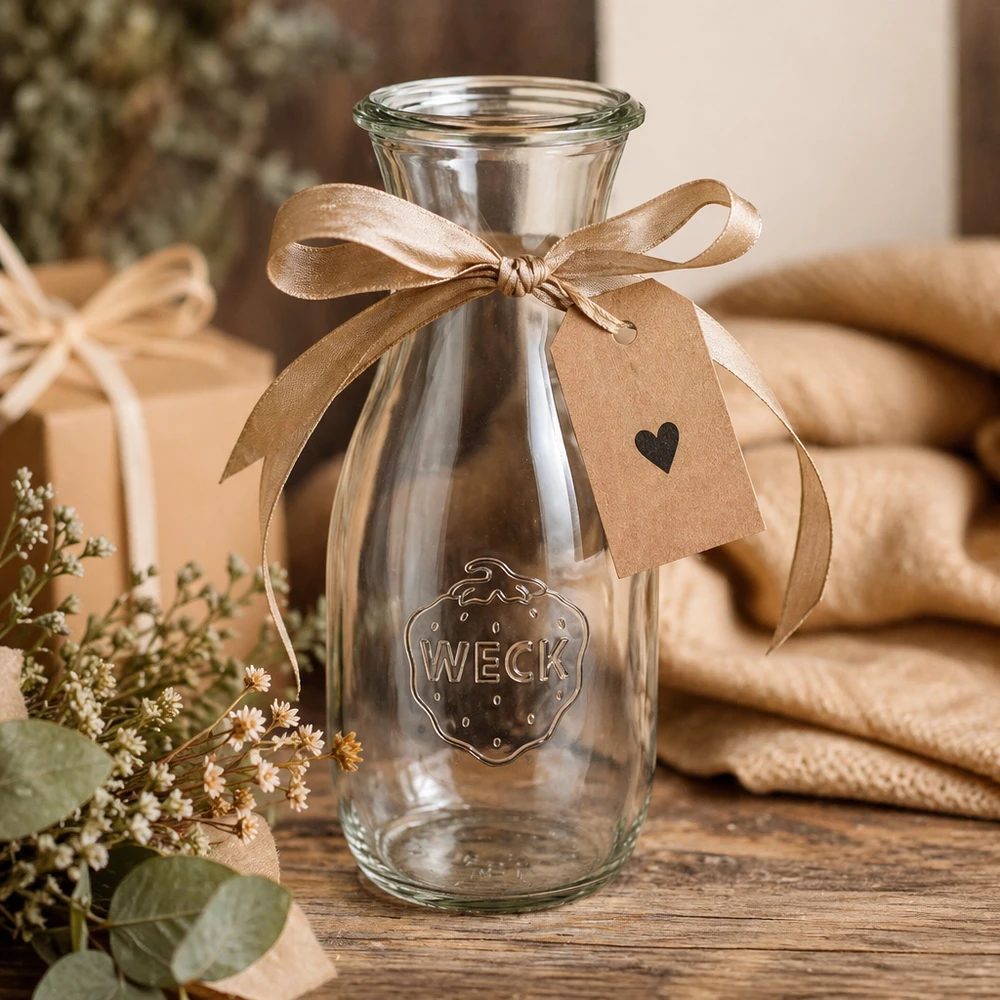 WECK Glasflasche 530ml RR60 dekorativ mit brauner Schleife und Geschenkanhänger auf Holztisch mit Blumen