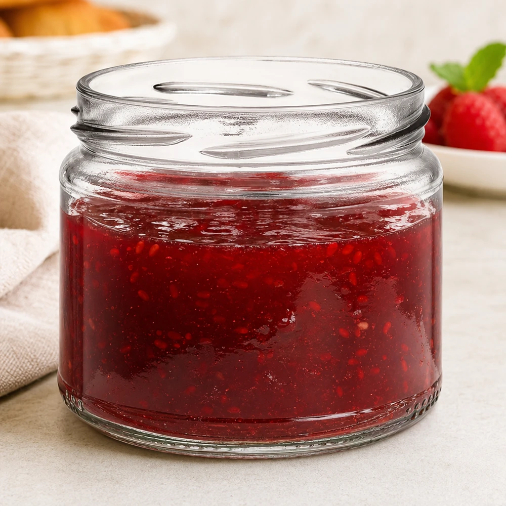 UNiTWIST Runda330 Rundglas mit roter Marmelade Konfitüre gefüllt Erdbeermarmelade im Hintergrund Frühstückstisch