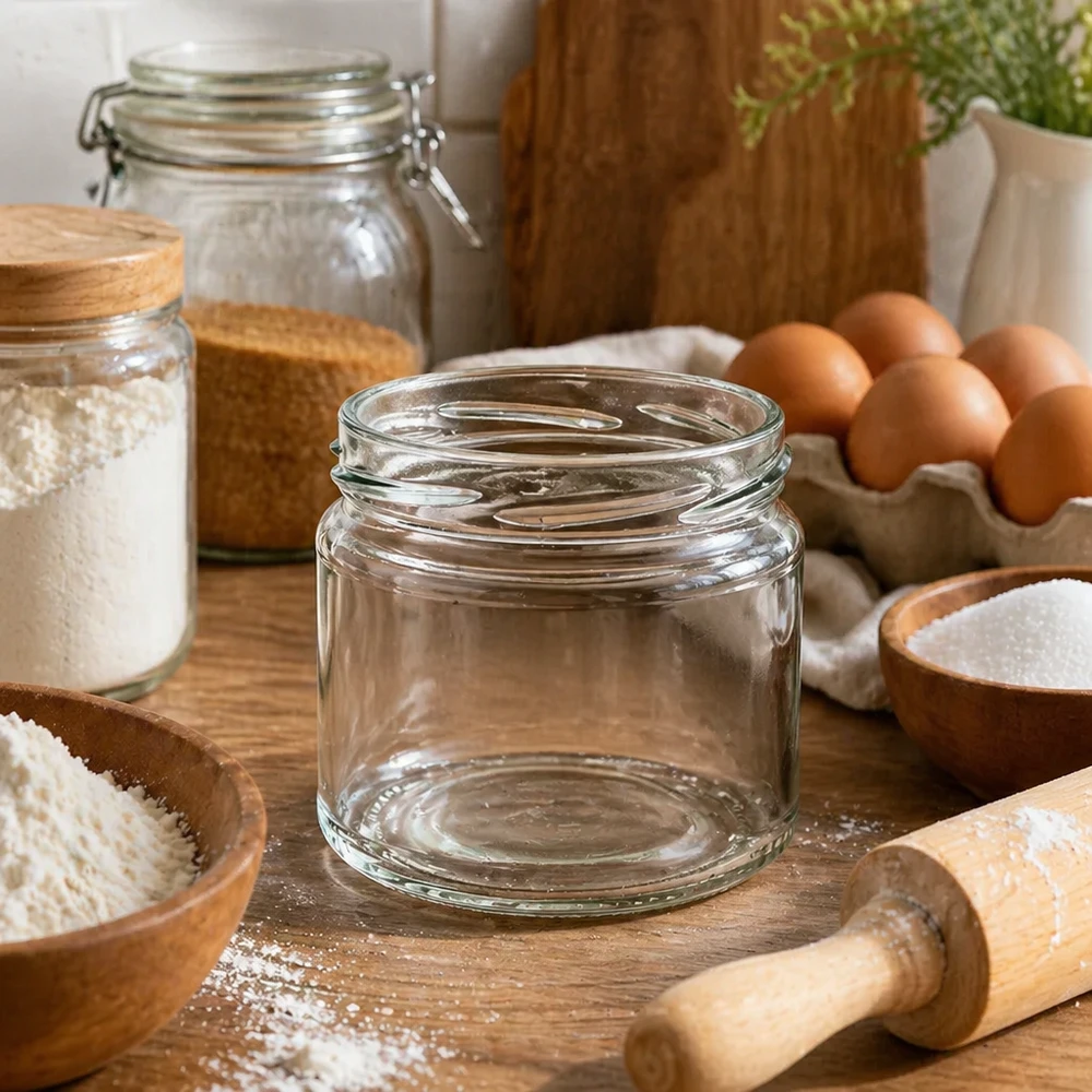 UNiTWIST Runda330 Rundglas 330ml TO82 in rustikaler Küche mit Backzutaten Eiern und Holzutensilien dekoriert