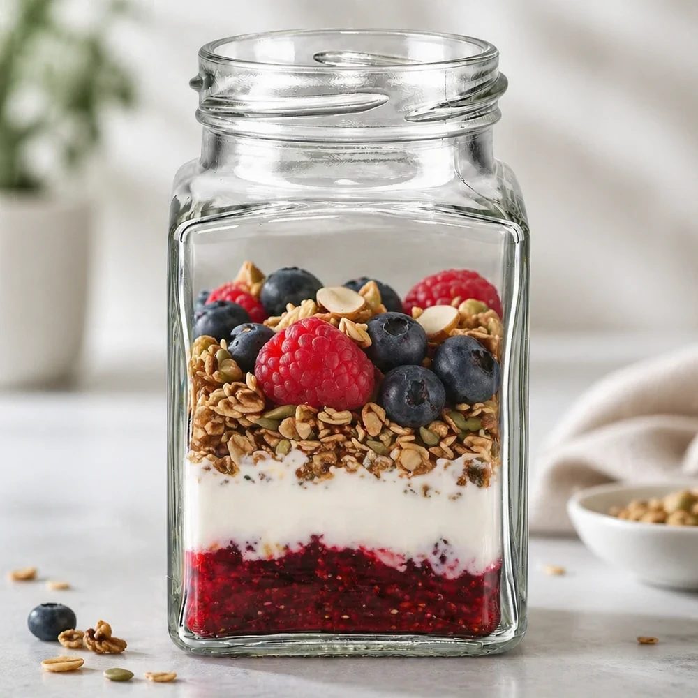 UNiTWIST Tetra260 4-Eckglas 260ml TO58 mit Müsli Beeren und Joghurt als Dessert im Glas auf Küchentheke