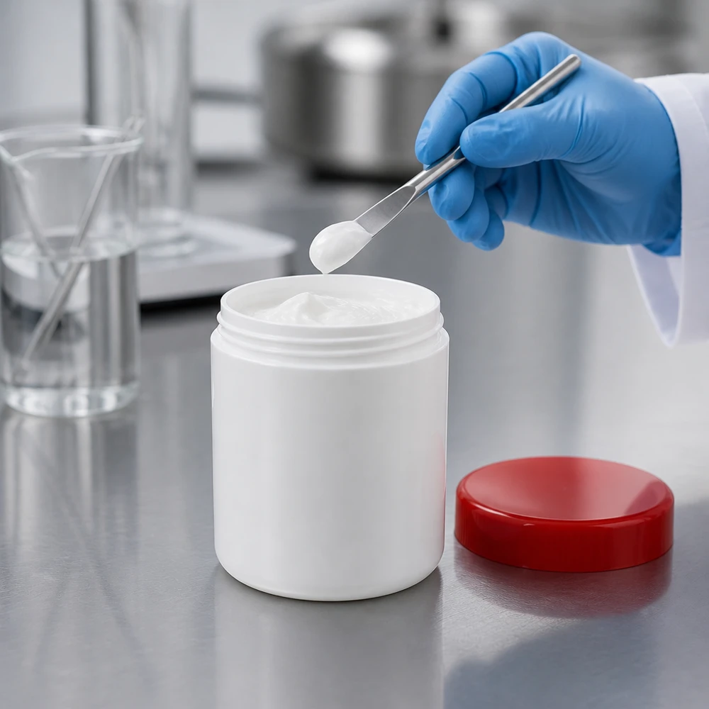 Salbenkruke 800g weiß PP mit rotem Schraubdeckel zur professionellen Abfüllung von Cremes und Salben