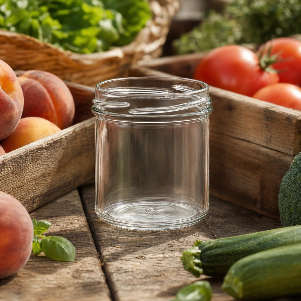 Leeres UNiTWIST Sturzglas 167ml TO66 auf Holztisch mit frischen Tomaten Pfirsichen und Gemüse für Einmachen