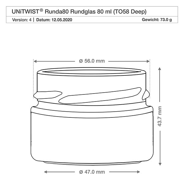 UNiTWIST Rundglas 80ml TO58 Deep mit Abmessungen 56mm Durchmesser und 43,7mm Höhe technische Zeichnung