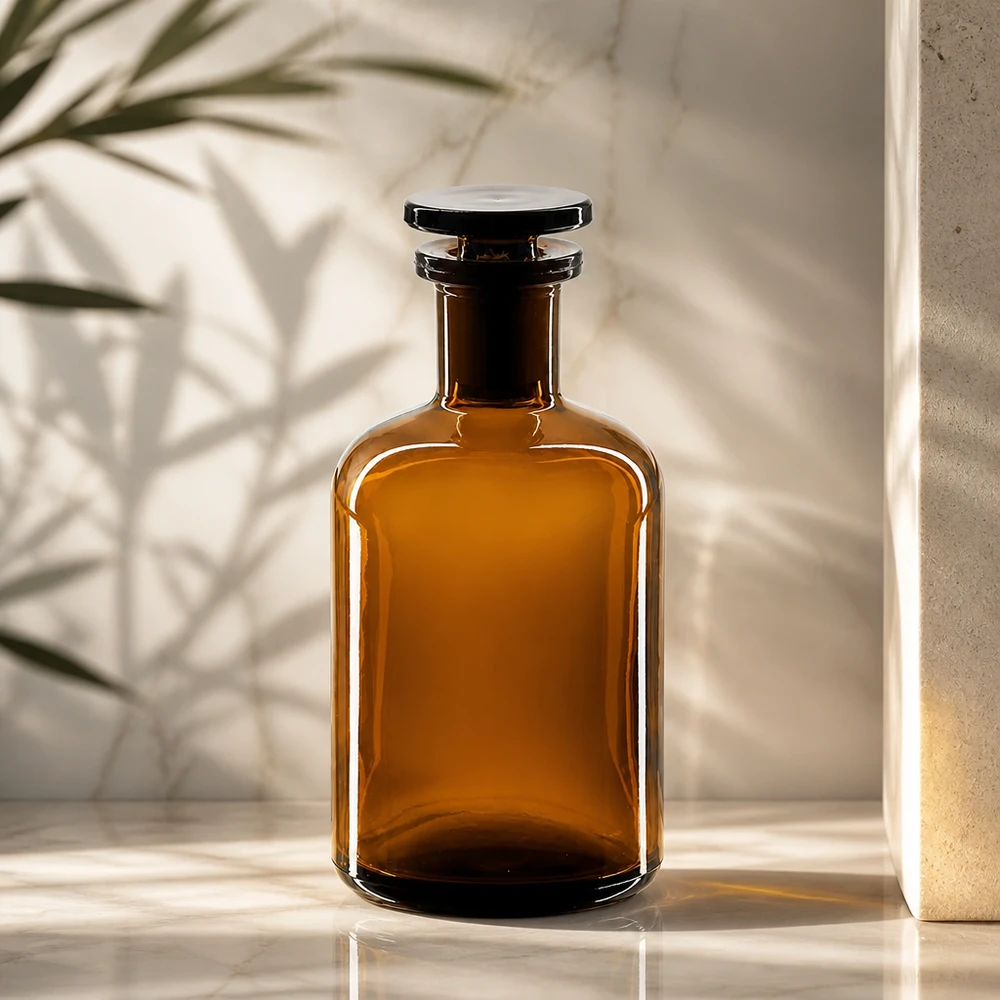 Braune Enghals-Rundschulterflasche 100ml aus Glas mit Glasstopfen für Labor und Gewerbe