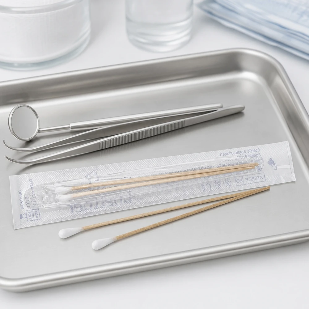 Wattestäbchen STERIL (2 Sück) Sterile Wattestäbchen 2 Stück einzeln verpackt auf medizinischem Edelstahltablett professioneller Einsatz