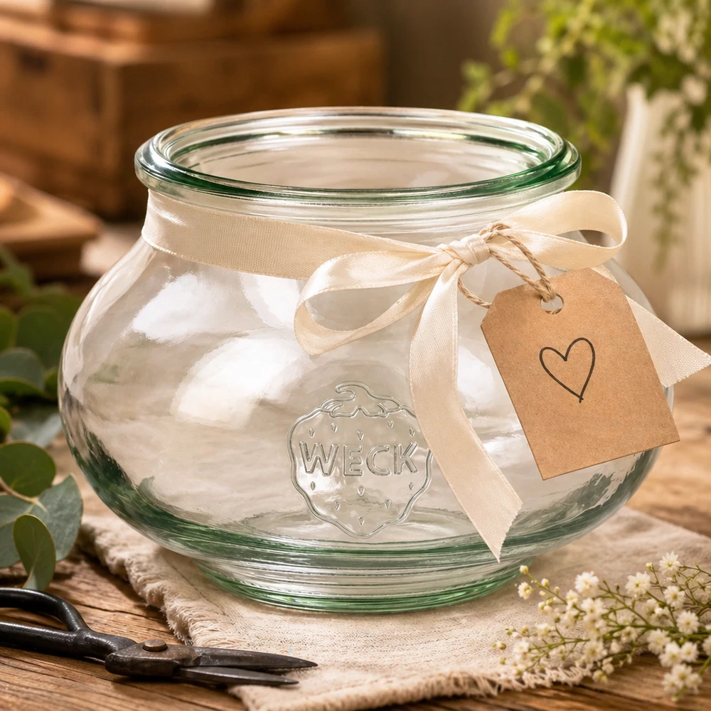 WECK Schmuckglas 560ml RR80 dekorativ arrangiert mit cremefarbenem Band und Herzanhänger auf Holztisch