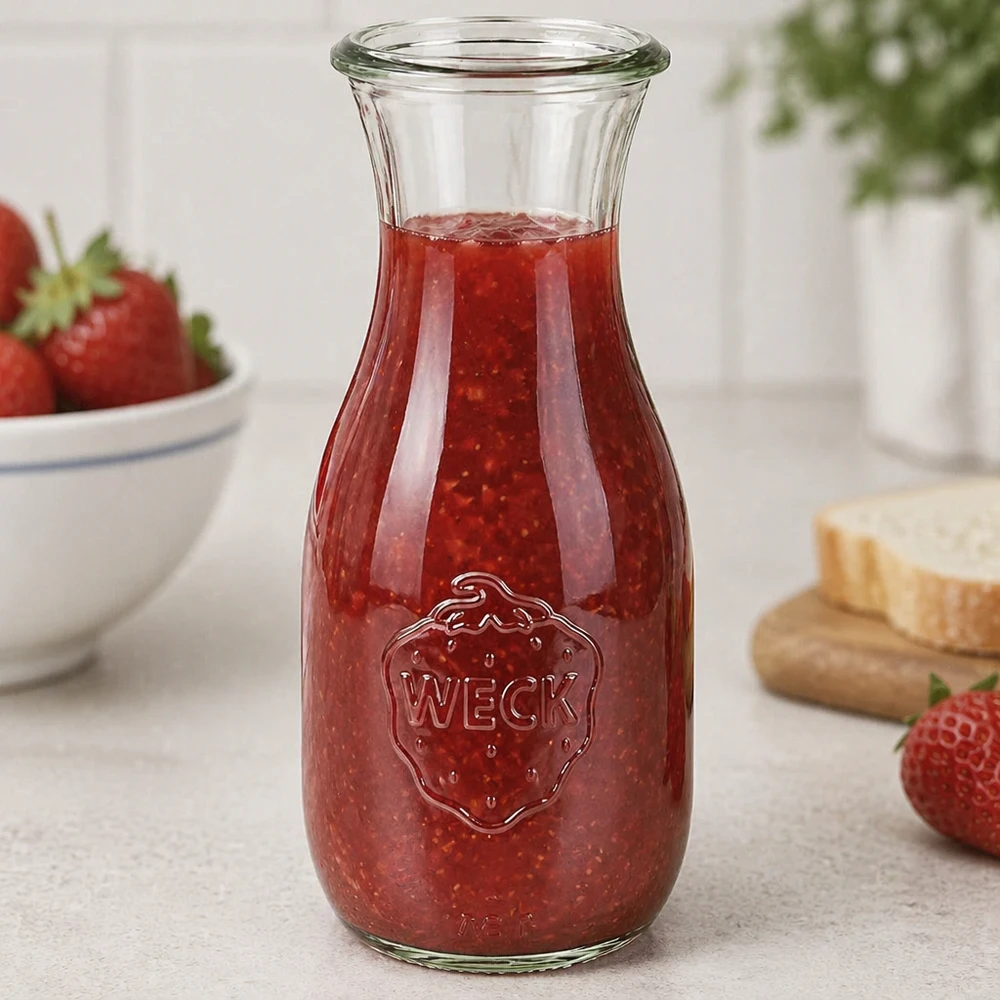 WECK Saftflasche 530ml RR60 mit Erdbeermarmelade gefüllt präsentiert neben frischen Erdbeeren für Gastronomie