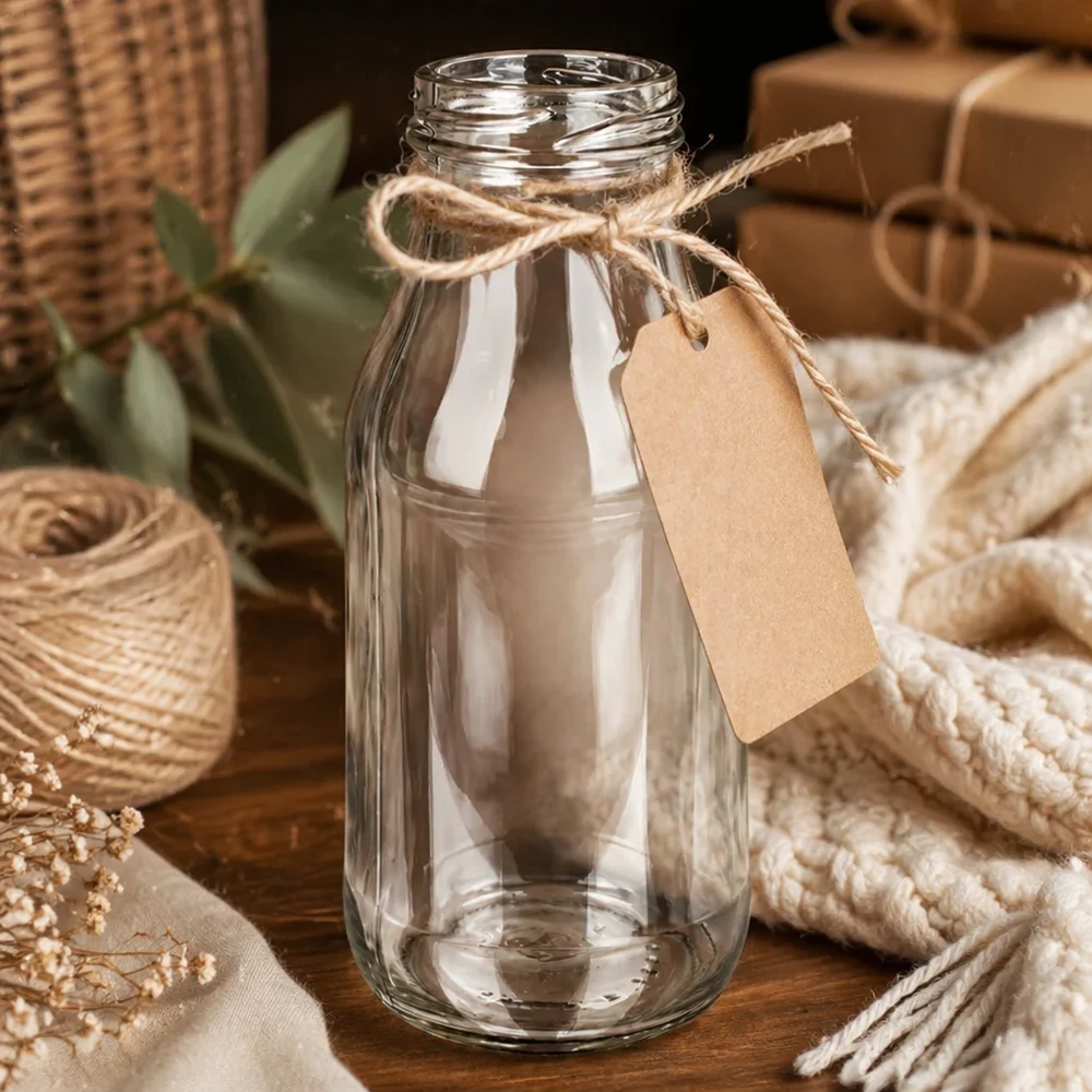 Glasflasche 263ml TO43 UNiTWIST Bottle263 mit Juteschnur und Anhänger auf Holztisch mit Dekoration