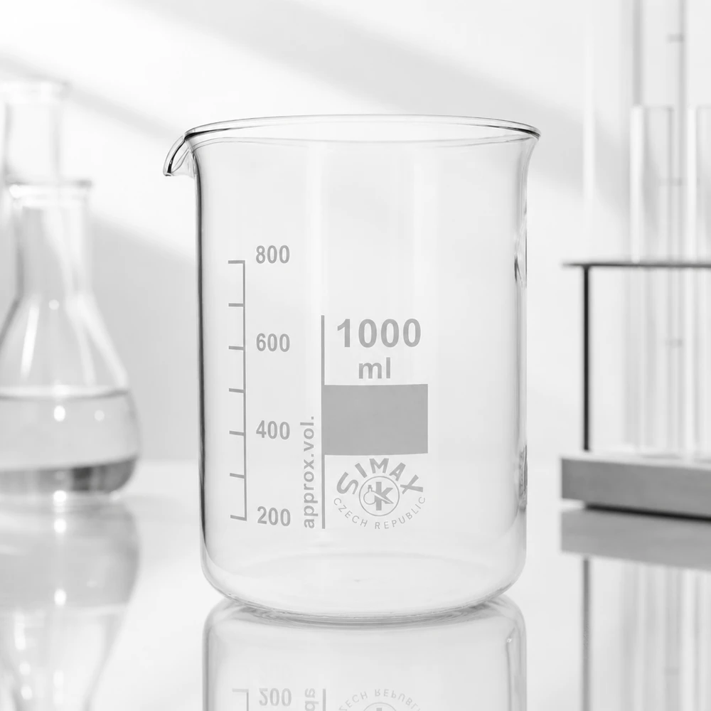 Becherglas 1000ml Borosilikatglas, niedrige Form Becherglas 1000ml aus Borosilikatglas niedrige Form für professionelle Laboranwendungen bei Pacadura.de