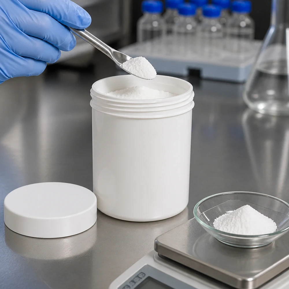 Salbenkruke 100g weiß mit weißem Schraubdeckel (Polypropylen) Weiße PP-Salbenkruke 100g mit weißem Schraubdeckel für professionelle Abfüllung im Labor
