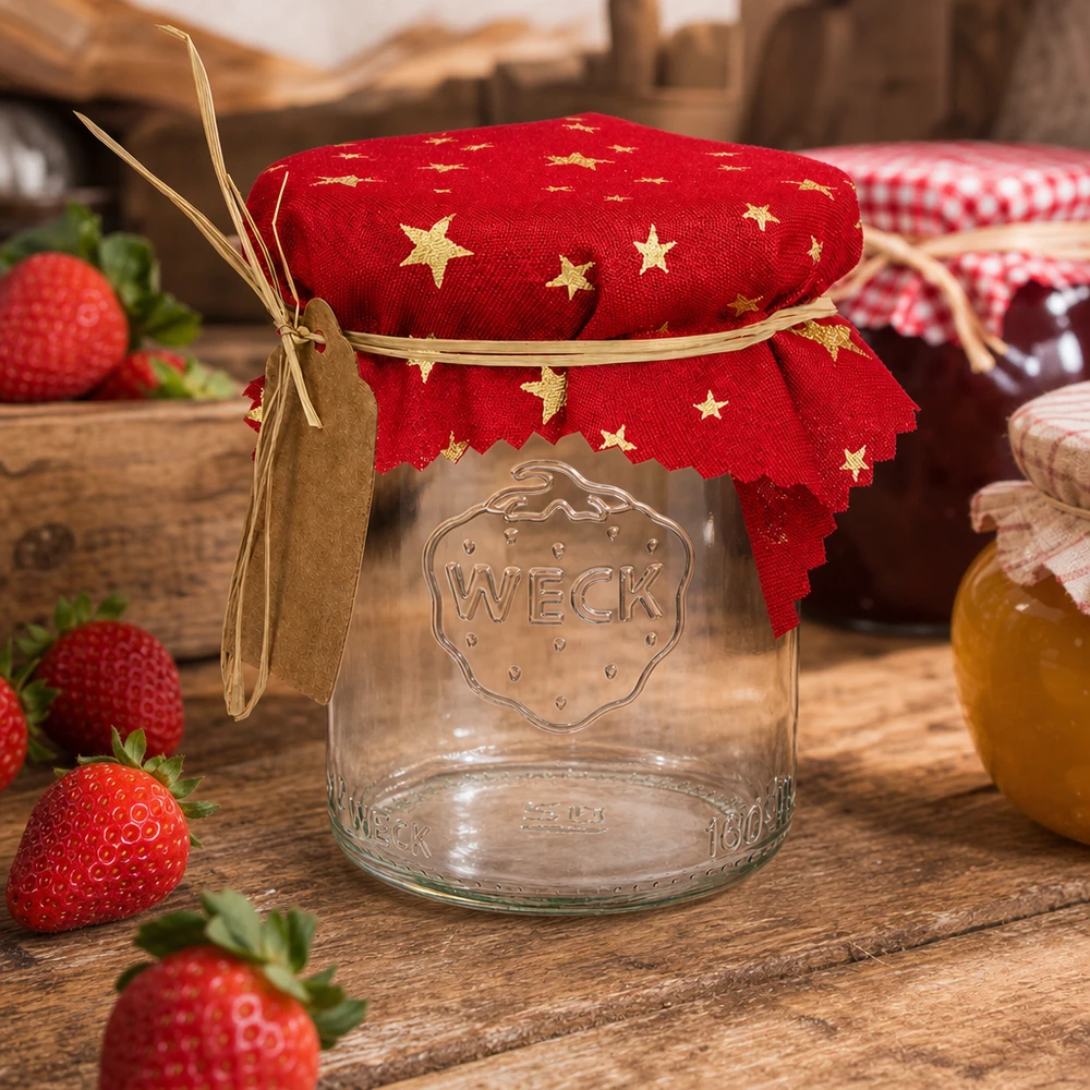 Stoff Schmuckdeckchen rot "Sterne" 12cm eckig Professionelle Dekoration WECK Glas mit rotem Sternchen-Stoffdeckchen 12cm für Gastronomie und Einzelhandel Präsentation