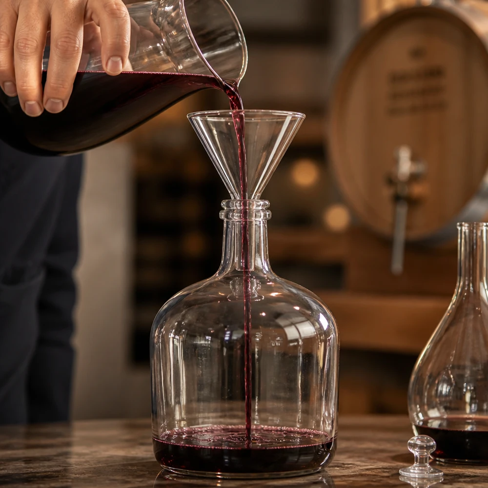 Glastrichter 60mm Durchmesser aus Kalk-Soda-Glas mit 60° Winkel beim professionellen Dekantieren von Flüssigkeiten