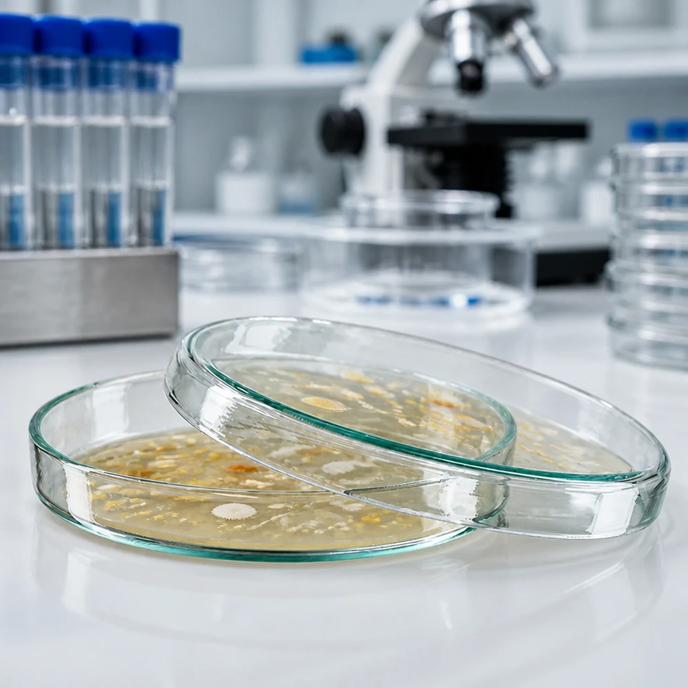 Petrischale 90x15mm aus Glas mit Bakterienkulturen im Labor für professionellen mikrobiologischen Einsatz