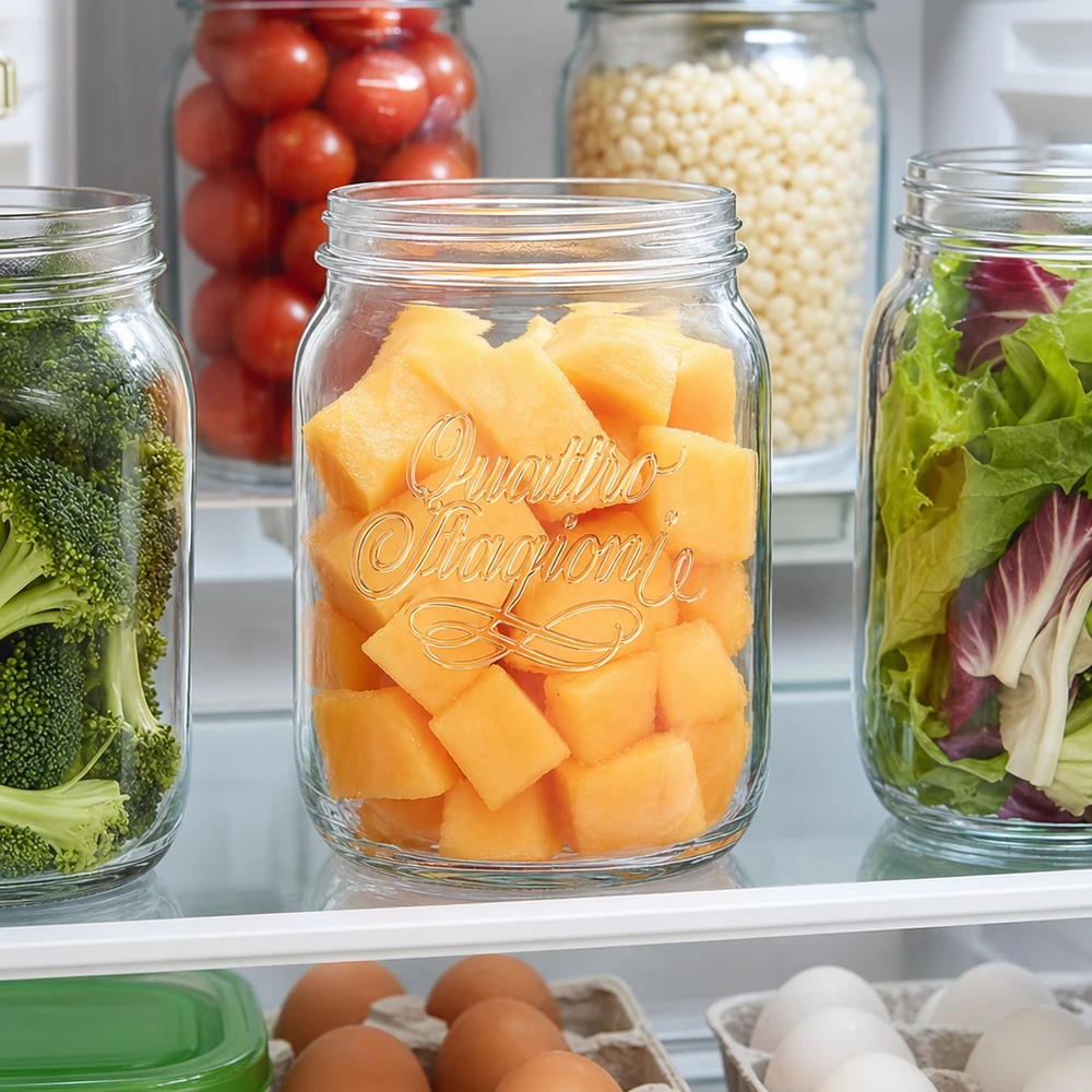 Quattro Stagioni 2000ml Haushaltsglas mit Melonenstücken im Kühlschrank neben anderen Vorratsgläsern mit Gemüse