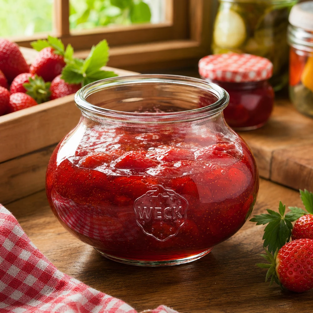 WECK Schmuckglas 560ml RR80 gefüllt mit Erdbeermarmelade in rustikaler Küche mit frischen Erdbeeren und Einmachgläsern