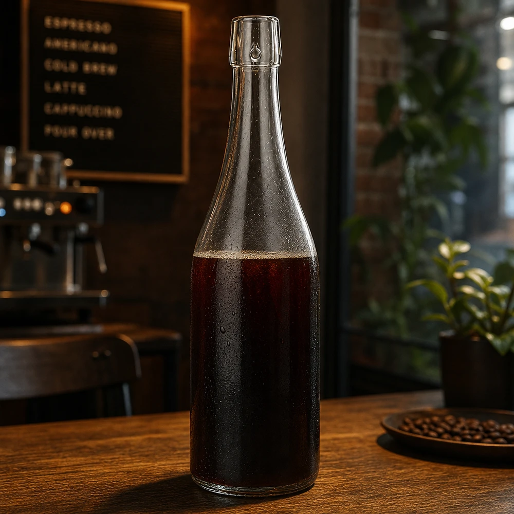 750ml UNiTWIST Glasflasche mit dunklem Kaffeegetränk befüllt in professioneller Café Atmosphäre Gastronomie Einsatz