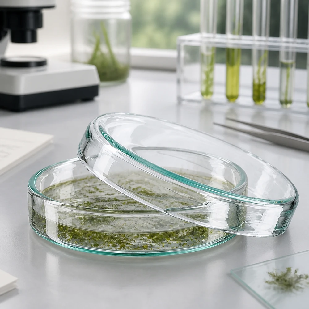 Glas-Petrischale 60x15 mm im Labor mit Mikrobenkulturen für professionelle mikrobiologische Anwendungen