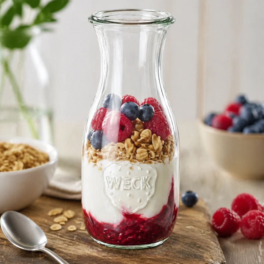 WECK Saftflasche 530ml RR60 als Müslischale mit Joghurt Beeren und Granola gefüllt neben frischen Früchten