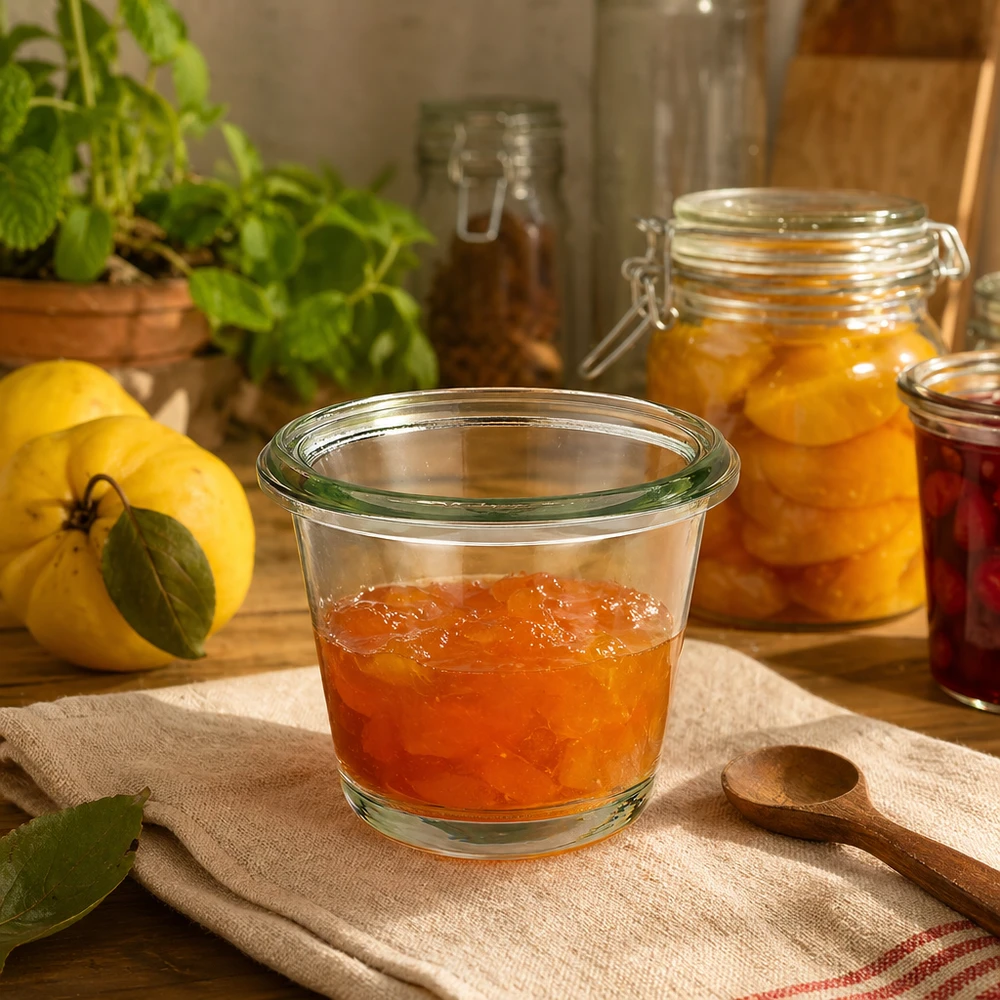 80ml WECK Gourmetglas RR60 gefüllt mit Marmelade in rustikaler Küche neben frischen Zitronen und anderen Einmachgläsern