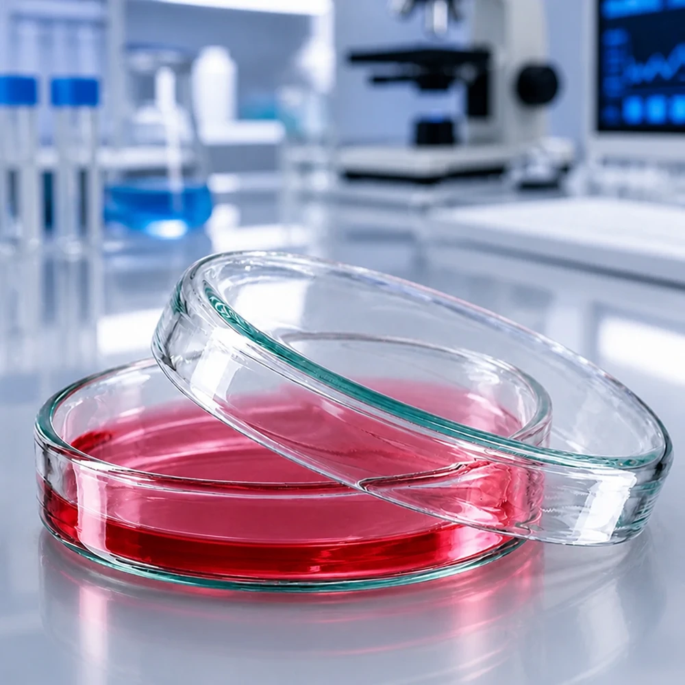 Petrischale 60x15 mm aus Borosilikatglas für professionellen Laboreinsatz mit rotem Nährmedium