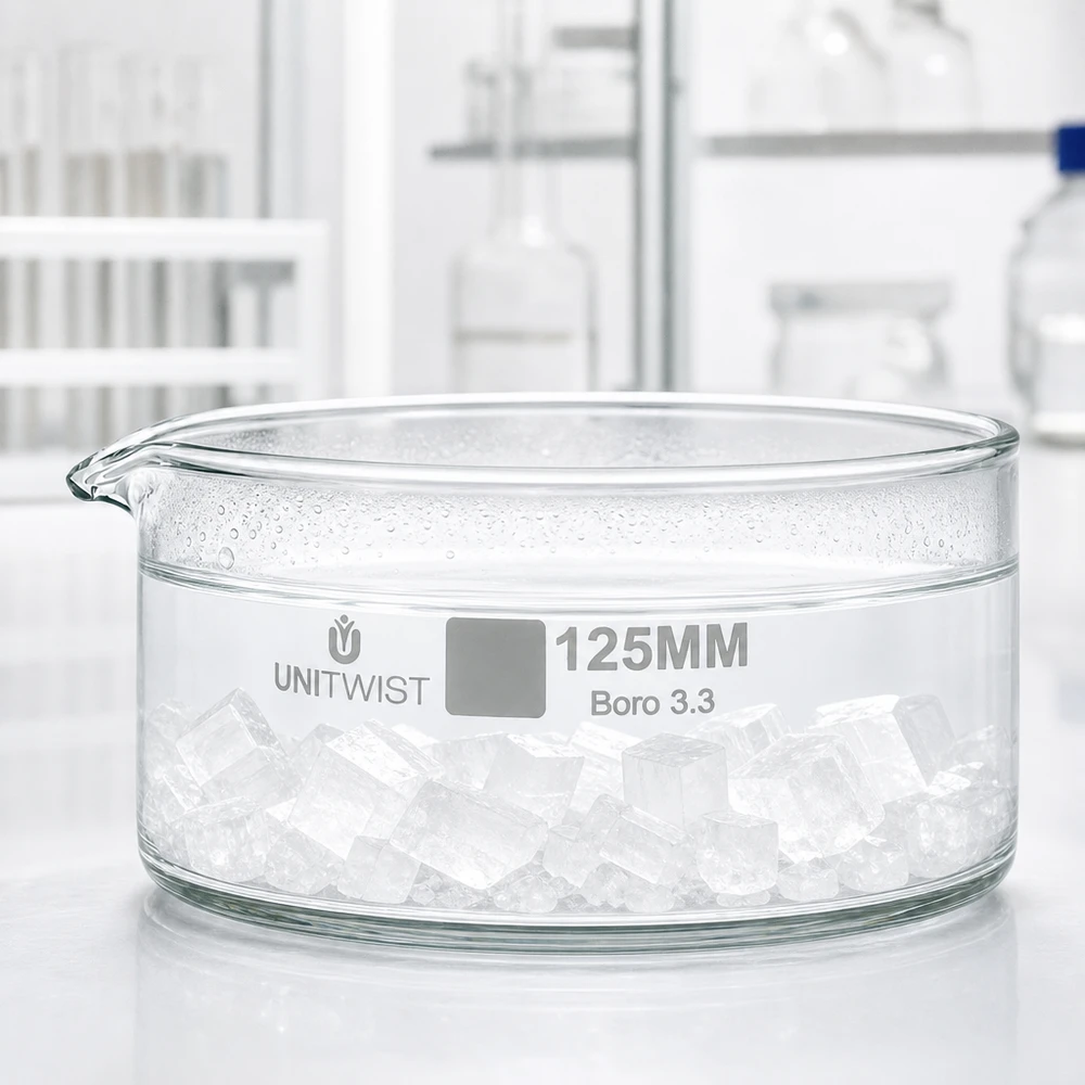 Kristallisierschale ø125mm Borosilikatglas UNiTWIST Kristallisierschale 125mm Borosilikatglas Boro 3.3 UNiTWIST für Labor und Gewerbe gefüllt mit Eiswürfeln