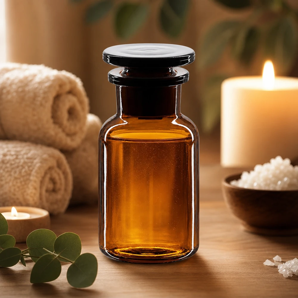 Braune Weithals-Rundschulterflasche 100ml mit Glasstopfen für professionellen Einsatz im Fachhandel