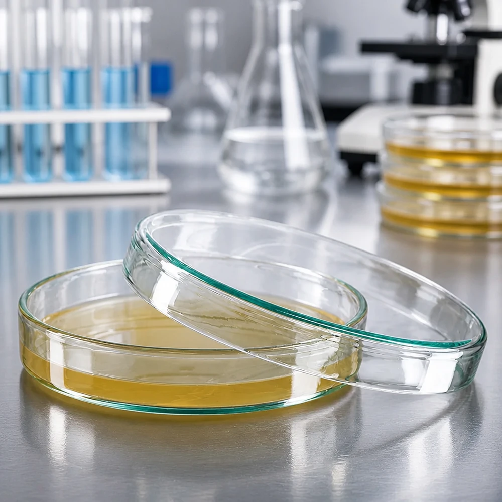 Petrischale 100x20mm aus Borosilikatglas für mikrobiologische Laboranwendungen mit Nährboden gefüllt