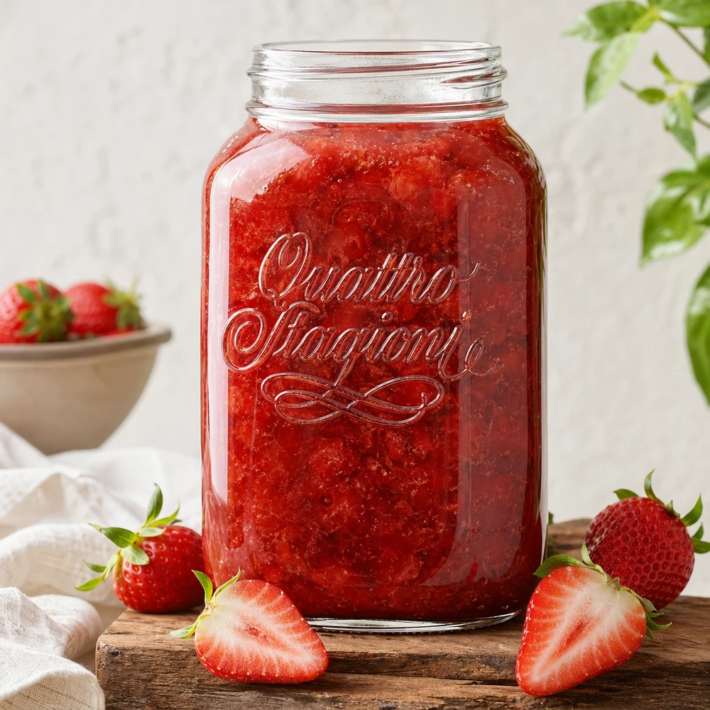 3800ml Rundglas "Quattro Stagioni" QS110mm Quattro Stagioni Haushaltsglas 3800ml mit roter Erdbeermarmelade gefüllt, umgeben von frischen Erdbeeren auf Holzbrett