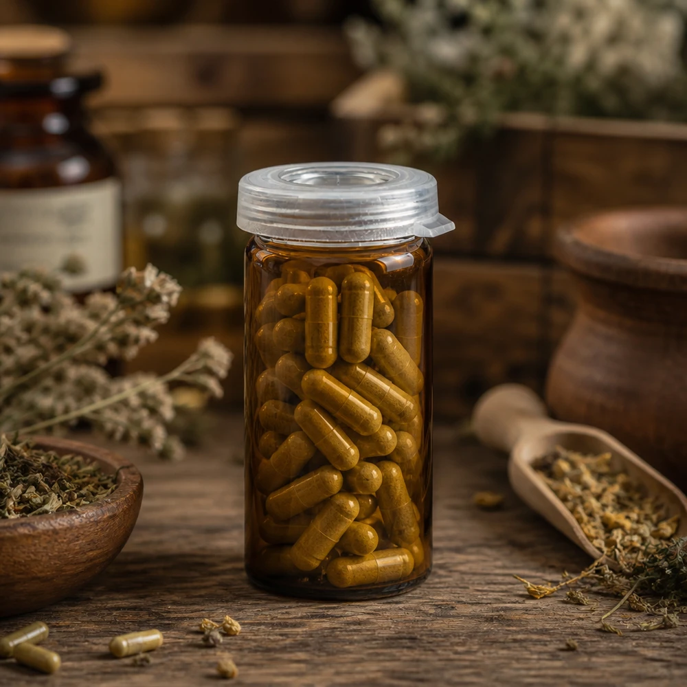 Tabletten/Rollrandglas 5ml klar mit Schnappdeckel Rollrandglas 5ml klar mit Schnappdeckel gefüllt mit Kapseln für professionellen Einsatz im Fachhandel