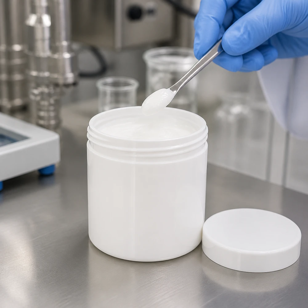 Salbenkruke 10g weiß mit weißem Schraubdeckel (Polypropylen) Weiße PP-Salbenkruke 10g mit Schraubdeckel für pharmazeutische und kosmetische Abfüllung im Labor