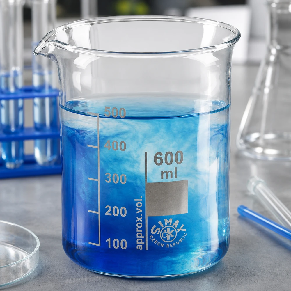 Becherglas 600ml Borosilikatglas niedrige Form mit blauer Lösung für professionelle Laboranwendungen