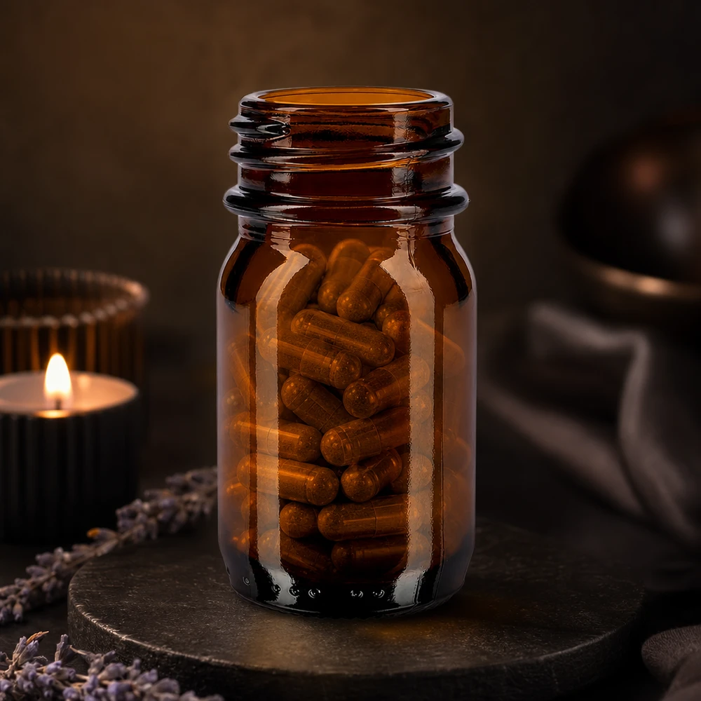 30ml Weithalsflasche aus Braunglas für professionelle Anwendung mit Kapseln gefüllt auf dunklem Untergrund