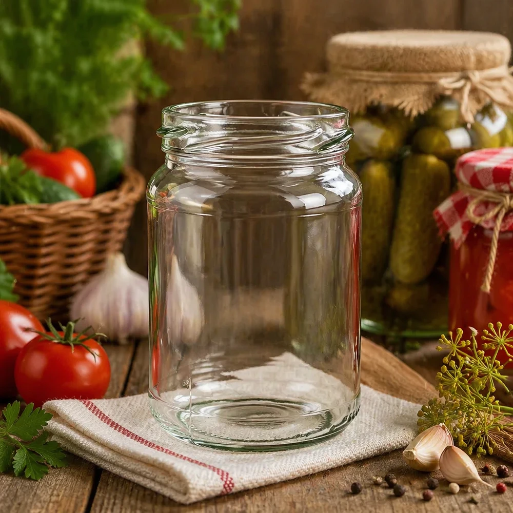 UNiTWIST Runda205 Rundglas 205ml TO58 Einmachglas leer auf Küchentisch mit Gemüse und Kräutern im Hintergrund
