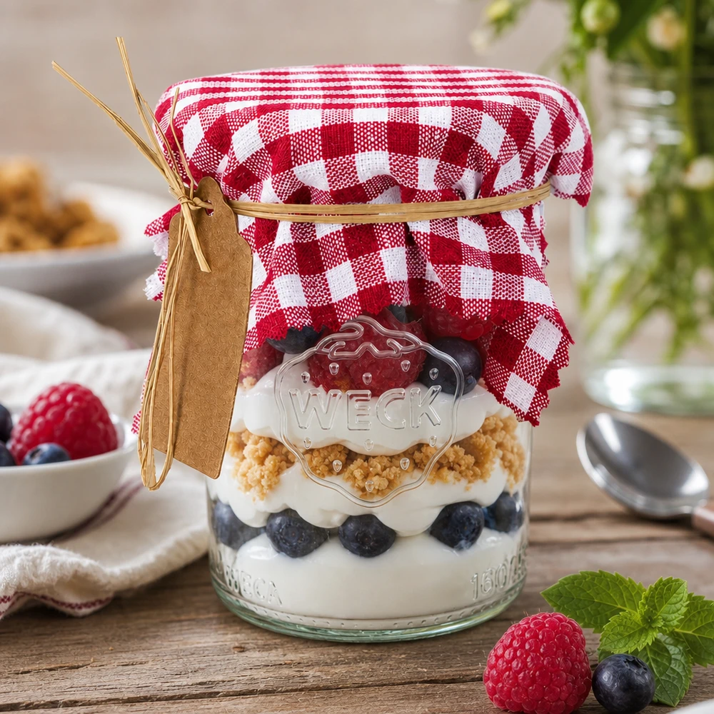 Stoff Schmuckdeckchen bordeaux-kariert 12cm eckig Bordeaux-kariertes Schmuckdeckchen 12cm eckig auf Marmeladenglas mit Beeren-Dessert und dekorativem Anhänger