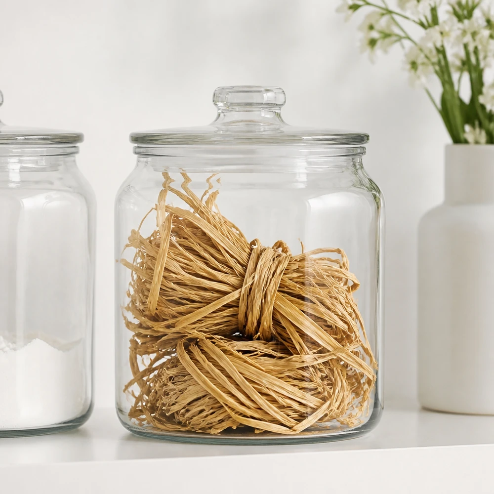 Naturbast zum Dekorieren 30g Naturbast 30g in Glasdose mit Deckel aufbewahrt neben weißen Vorratsgläsern für ordentliche Bastelmaterial-Organisation